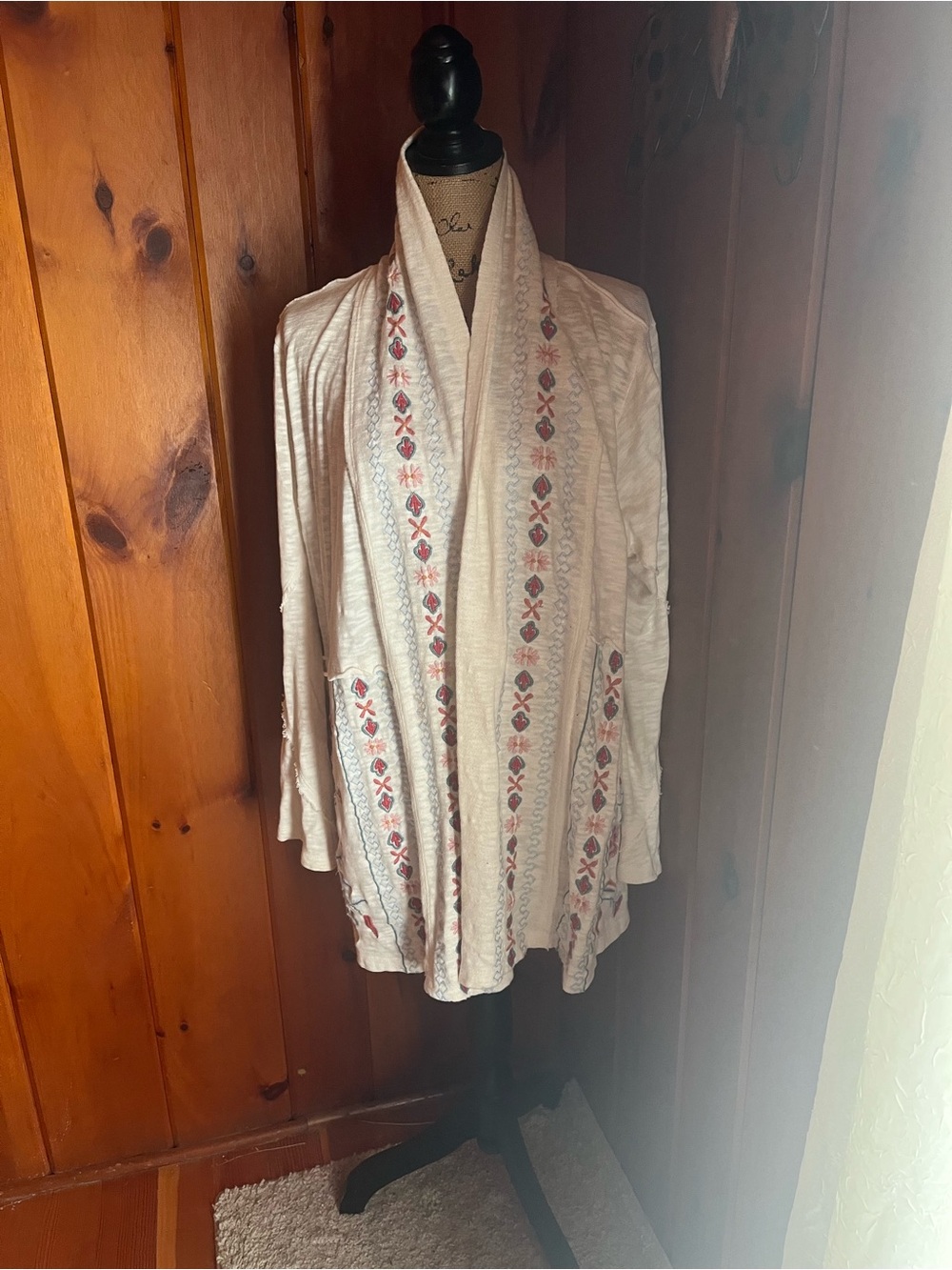 Caite - Light Cream Open-Front Embroidered Cardigan Sweater - Boho style